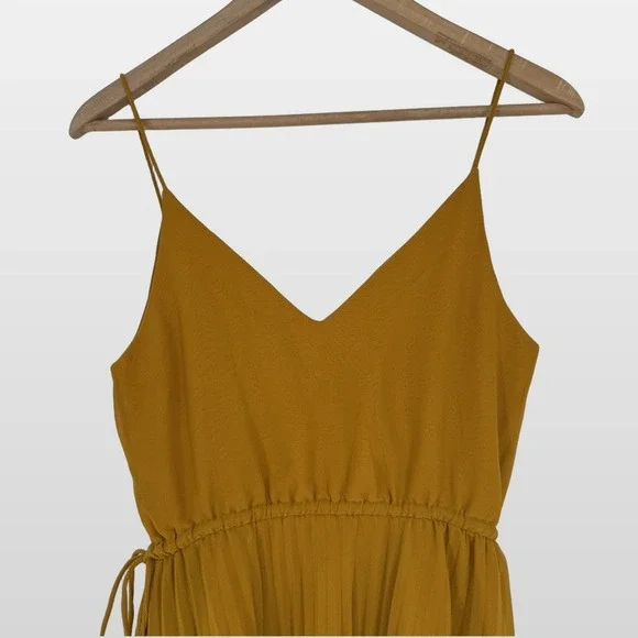 ASOS Pleated Midi Dress 4 Mustard Yellow Spaghetti Strap Elegant Wedding Guest - Picture 5 of 9